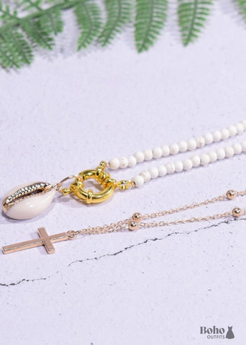 Boho Necklace, Seed Bead Choker, 2 Layers Cross & Shell